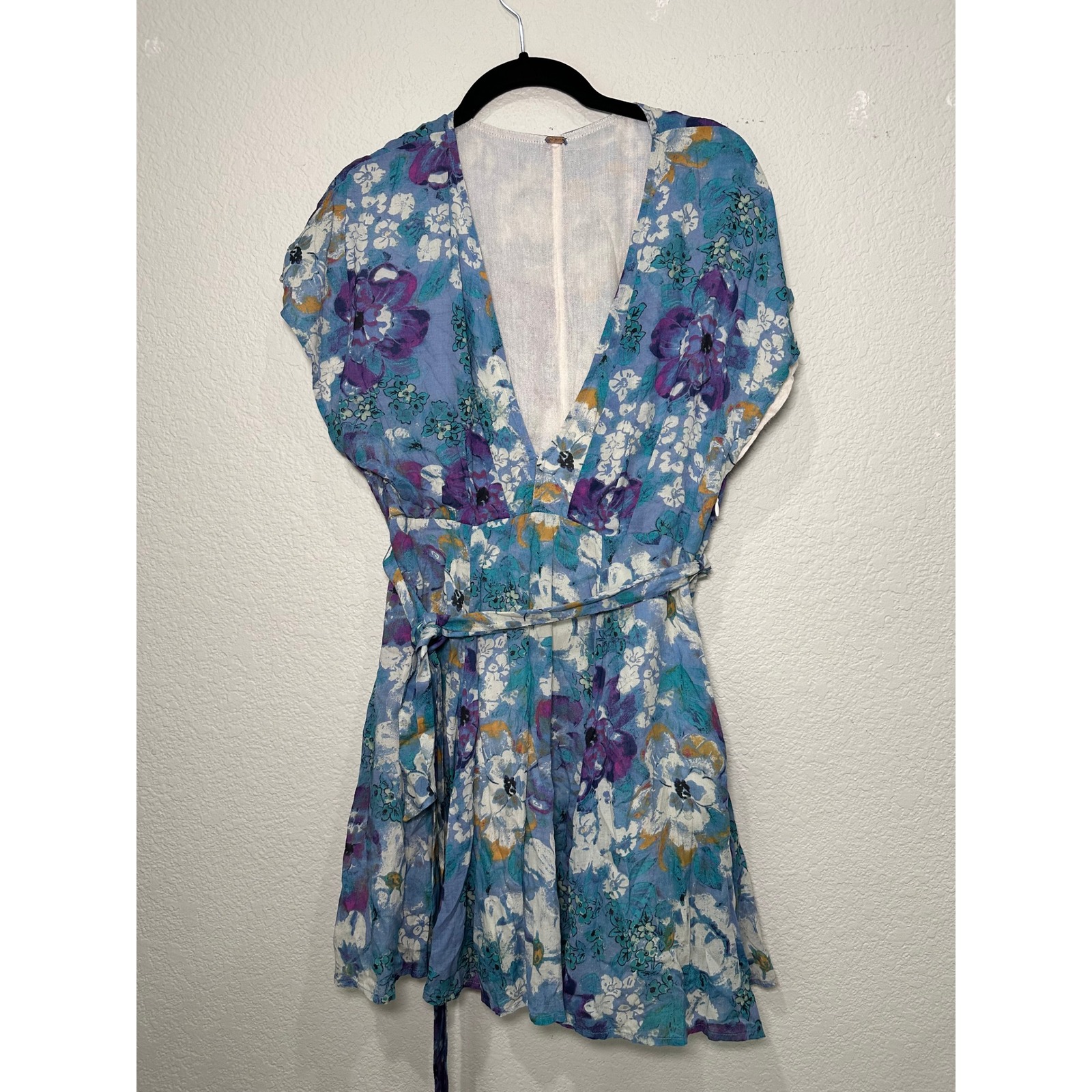 Free People Floral V-Neck Mini Dress Blue Purple Tie Waist Boho Cap Sleeve